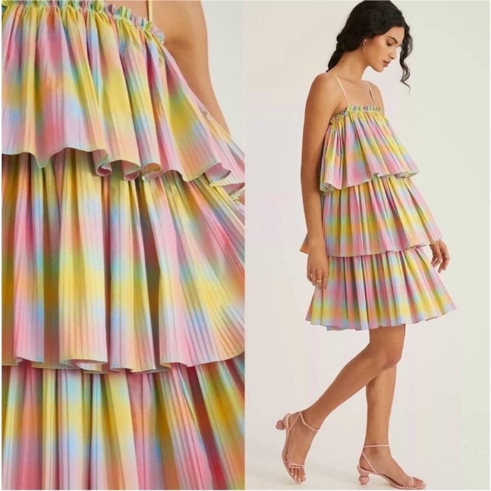 Anthro Beatrice B Tiered Babydoll Dress 6 NWT Pastel Pink Butter Yellow Ice Blue